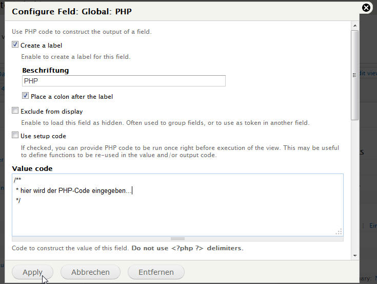 PHP-Code in Drupal-View einbinden